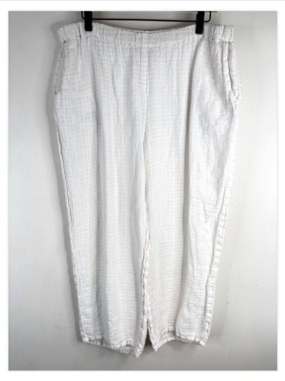 FLAX 100% Linen White Crop Pant L Waffle Grid Textured Pull On Coastal Lagenlook